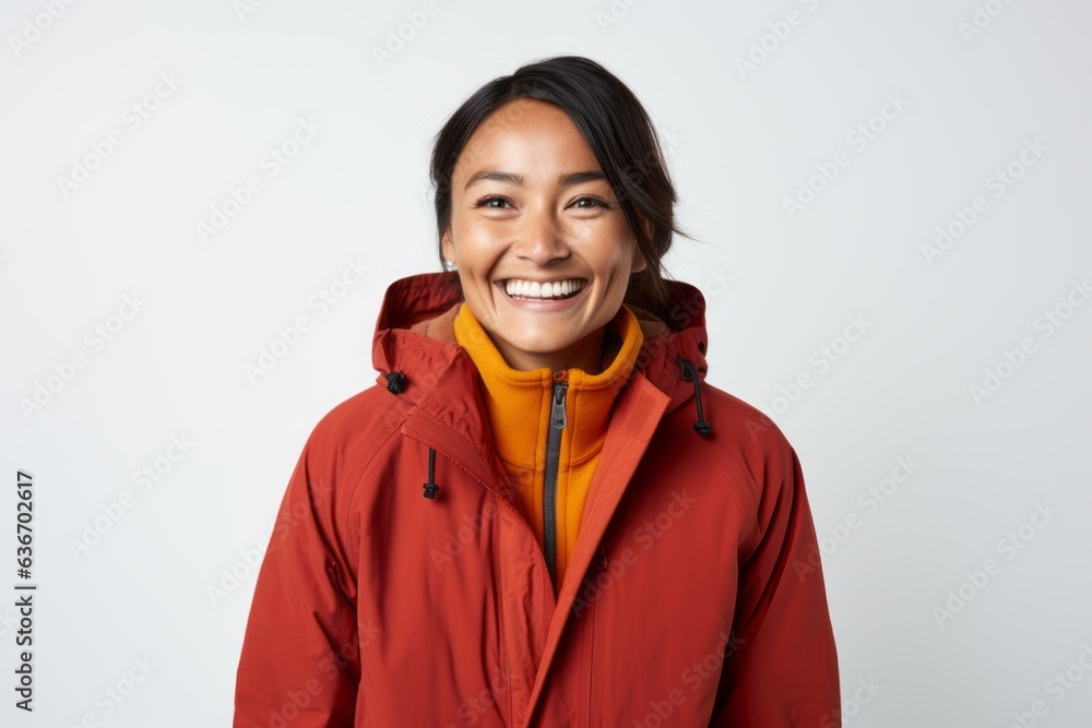 Portrait of a smiling asian woman in winter jacket against white background Portrait of a smiling asian woman in winter jacket against white background