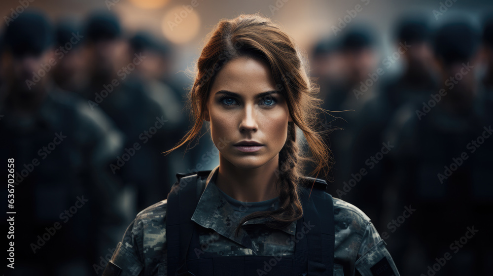 Foreground of woman in a military uniform on a blurred background. - obrazy, fototapety, plakaty 