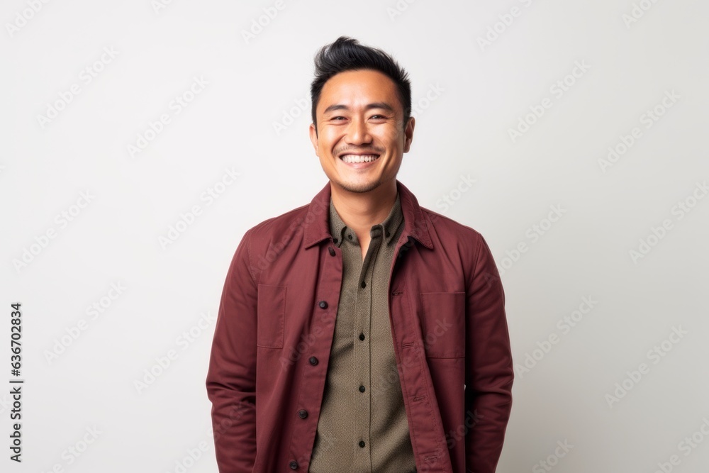 Young handsome asian man against white wall smiling and looking to the side Young handsome asian man against white wall smiling and looking to the side