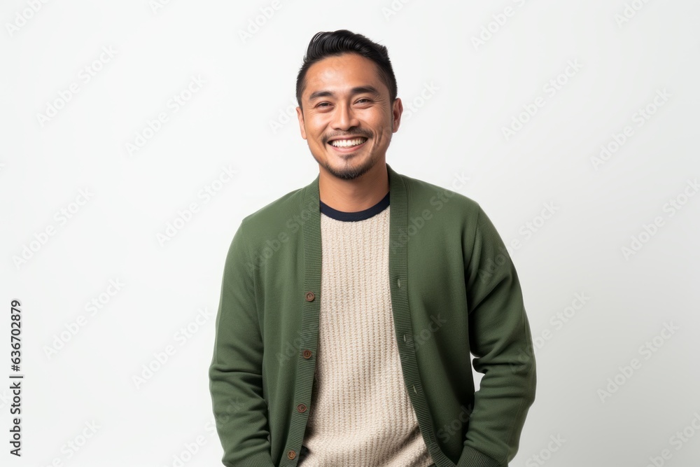 Lifestyle portrait of a Indonesian man in his 30s in a white background wearing a chic cardigan