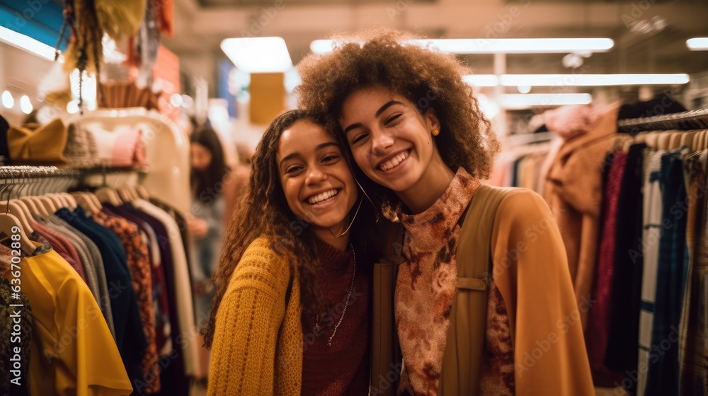 Two young friends happily stand in a boutique clothing store.