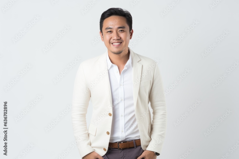 Portrait of smiling young Asian businessman standing with hands in pockets. Portrait of smiling young Asian businessman standing with hands in pockets.