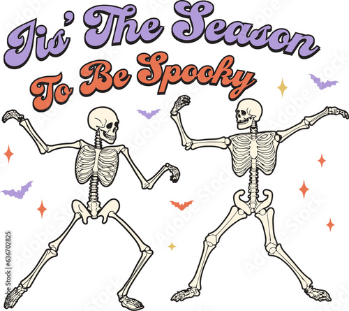 Quotes Dead Inside But It's Spooky Season  ,Dancing skeleton halloween retro groovy,Design shirt.