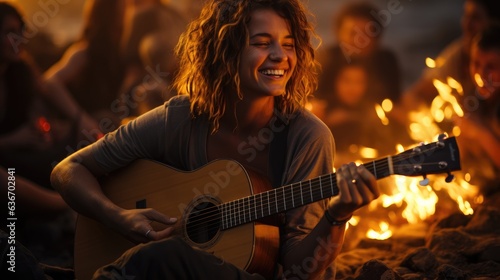Young people gathered around a fire on the beach at night, having fun accompanied by guitars.