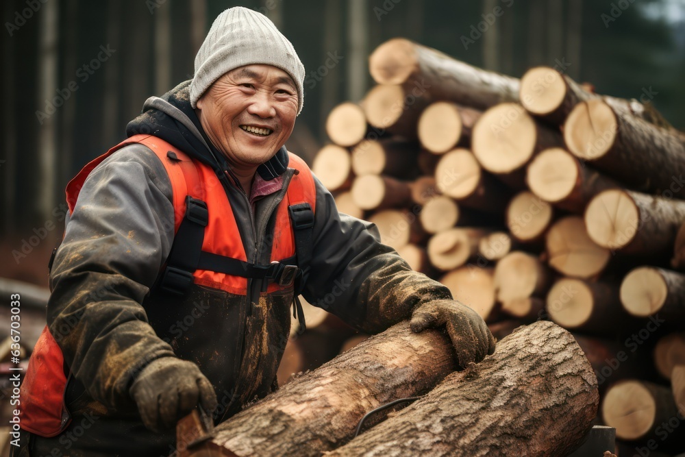 A middle-aged lumberjack works at a logging site A middle-aged lumberjack works at a logging site