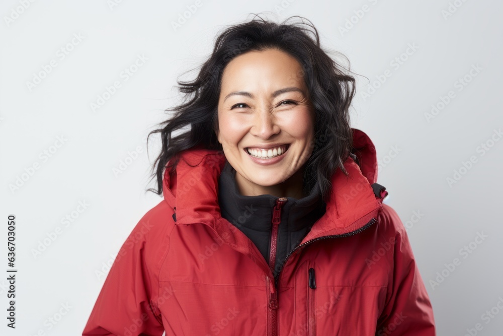 Lifestyle portrait of a Indonesian woman in her 40s in a white background wearing a warm parka Lifestyle portrait of a Indonesian woman in her 40s in a white background wearing a warm parka