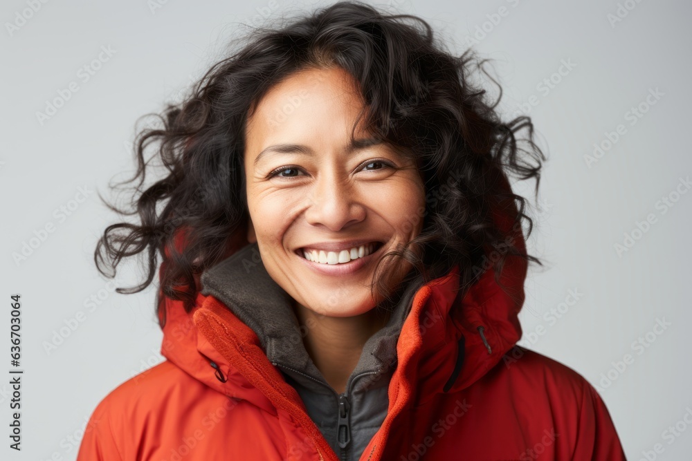 Portrait of a smiling woman in a red jacket against a grey background Portrait of a smiling woman in a red jacket against a grey background