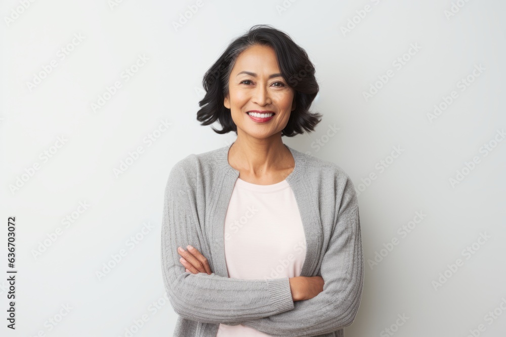 Portrait of smiling mature Asian woman with arms crossed against white background Portrait of smiling mature Asian woman with arms crossed against white background