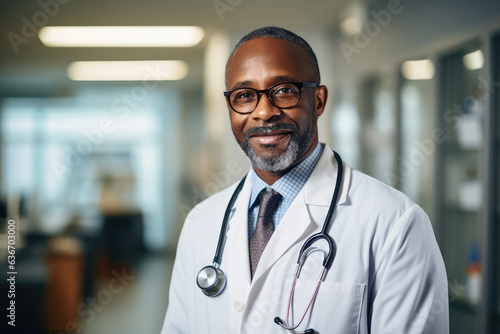 Portrait of confident male doctor standing with stethoscope in hospital