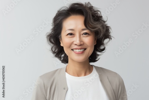 Lifestyle portrait of a Indonesian woman in her 40s in a white background wearing a chic cardigan