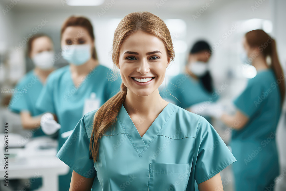 Portrait of a smiling female nurse standing in the hospital office. Portrait of a smiling female nurse standing in the hospital office.