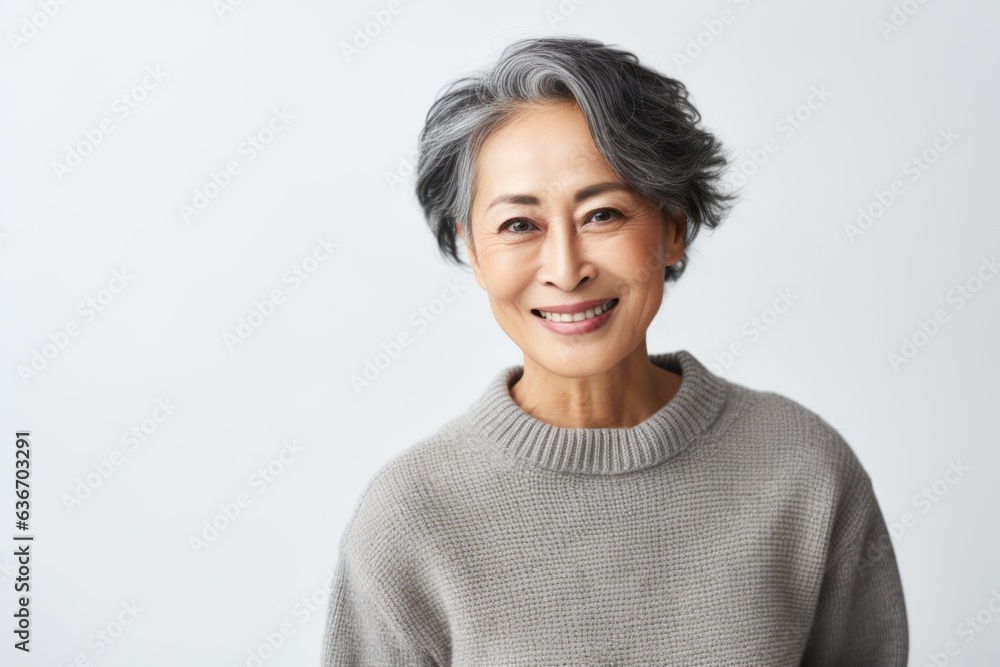 Portrait of smiling asian senior woman looking at camera over white background Portrait of smiling asian senior woman looking at camera over white background