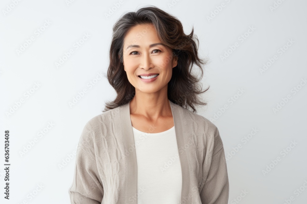 smiling asian woman with long wavy hair over white background smiling asian woman with long wavy hair over white background