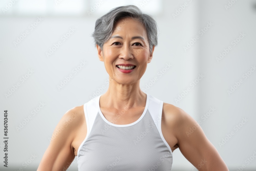 senior asian woman in sportswear smiling at camera at home