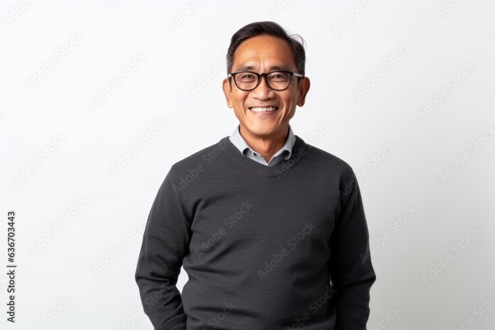 Medium shot portrait of a Indonesian man in his 50s in a white background wearing a chic cardigan Medium shot portrait of a Indonesian man in his 50s in a white background wearing a chic cardigan