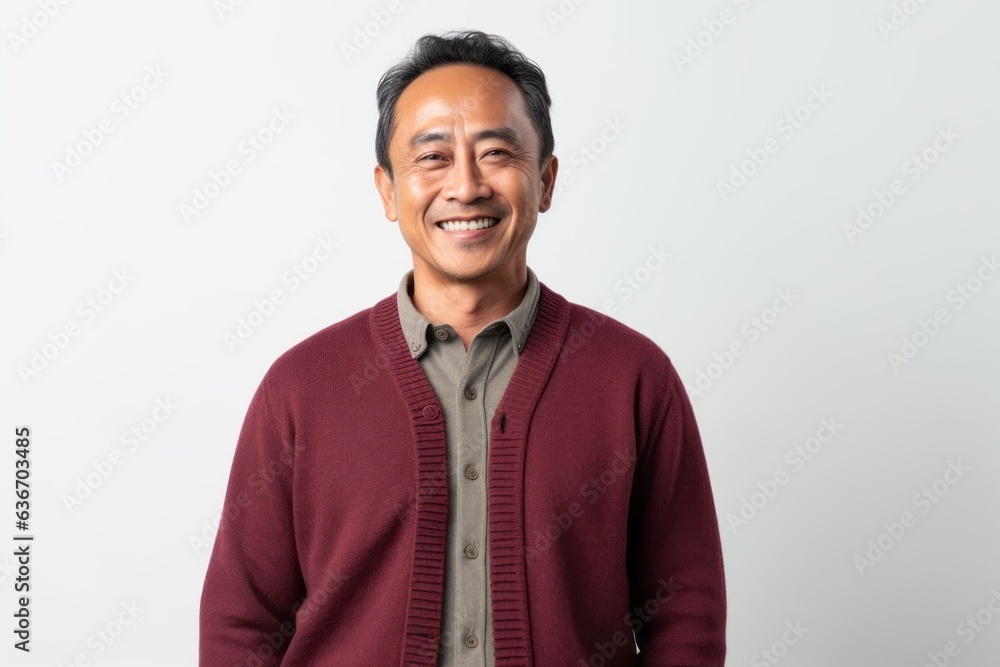 Medium shot portrait of a Indonesian man in his 50s in a white background wearing a chic cardigan Medium shot portrait of a Indonesian man in his 50s in a white background wearing a chic cardigan