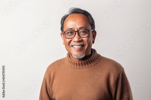 Medium shot portrait of a Indonesian man in his 50s in a white background wearing a cozy sweater © Anne-Marie Albrecht