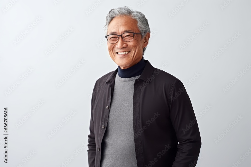 Portrait of happy asian senior man in eyeglasses looking at camera and smiling while standing against white background