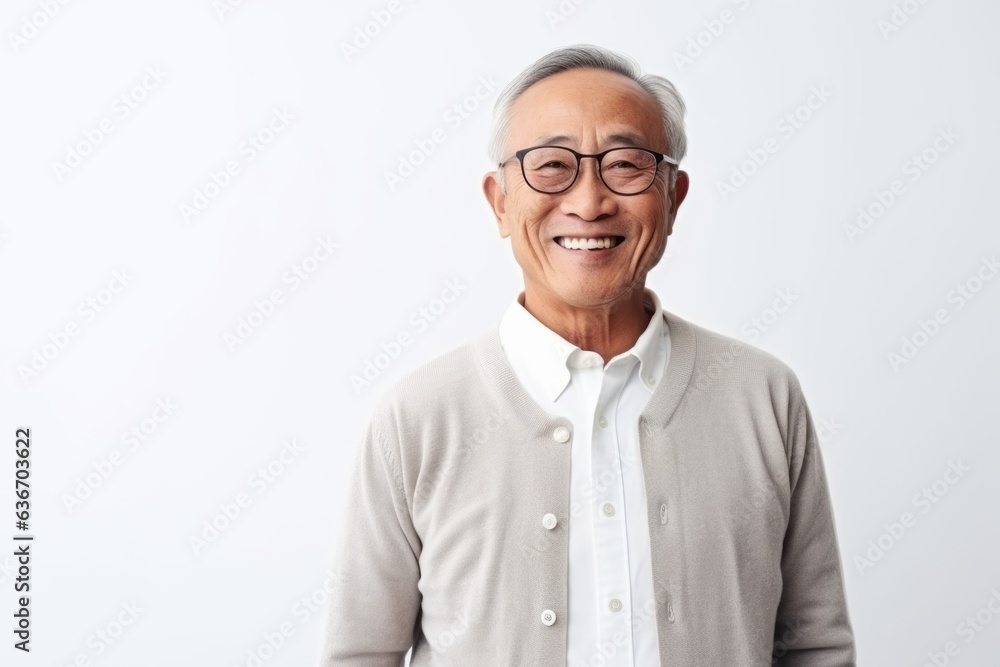 Happy asian senior man in eyeglasses standing over white background Happy asian senior man in eyeglasses standing over white background