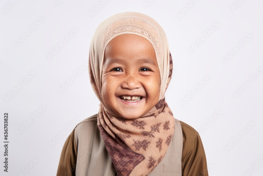 Portrait of cute asian muslim little girl wearing hijab over white background Portrait of cute asian muslim little girl wearing hijab over white background