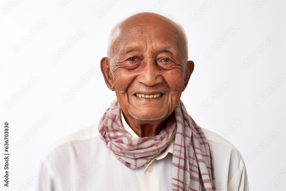 Old asian man in white shirt and red scarf on white background Old asian man in white shirt and red scarf on white background