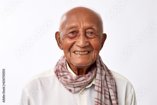 Old asian man in white shirt and red scarf on white background