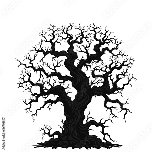 Creepy cartoon tree. Black silhouette. Vector logo