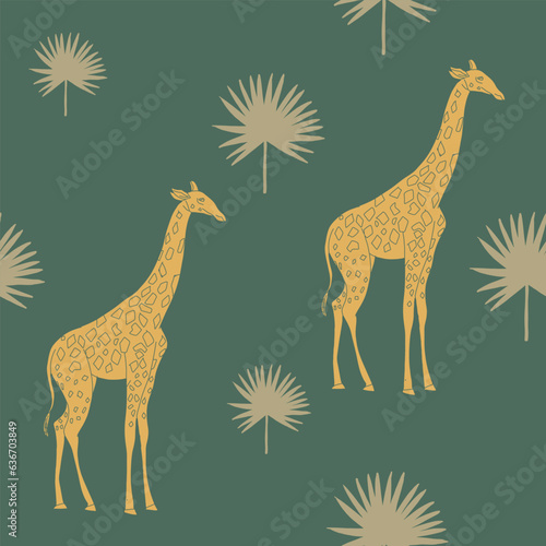 African tropical pattern. Boho style trendy vector illustration. Giraffe animal and tropical leaves. Wildlife safari repeat wallpaper. Vintage botanical print
