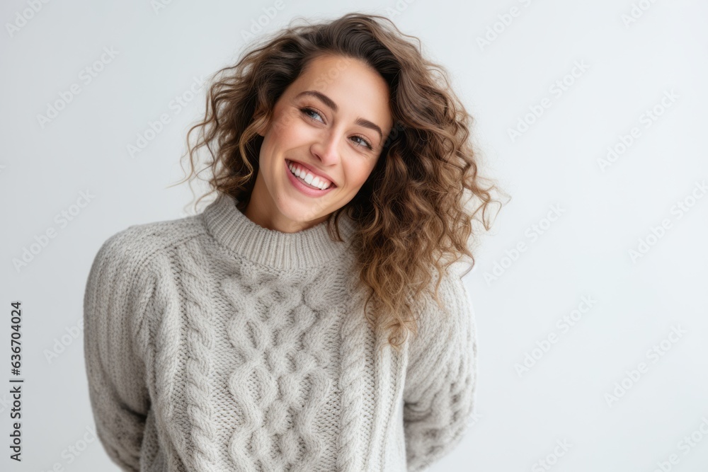 Lifestyle portrait of a Russian woman in her 30s in a white background wearing a cozy sweater Lifestyle portrait of a Russian woman in her 30s in a white background wearing a cozy sweater