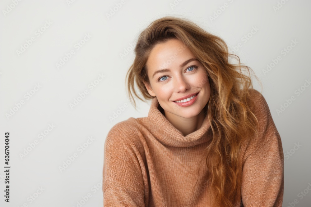 Lifestyle portrait of a Russian woman in her 30s in a white background wearing a cozy sweater Lifestyle portrait of a Russian woman in her 30s in a white background wearing a cozy sweater