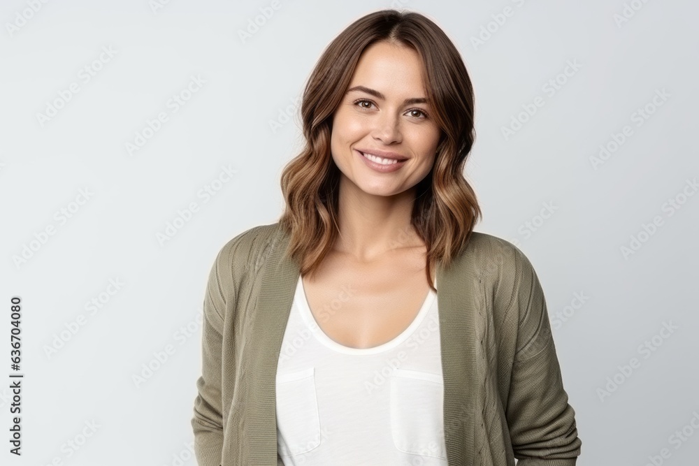 Portrait of smiling woman in casual clothes looking at camera over white background Portrait of smiling woman in casual clothes looking at camera over white background