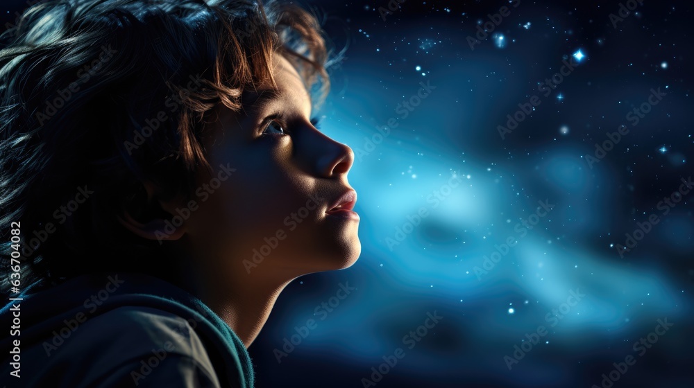 A child's astonishing moment as he gazes at the universe on a moonlit night A child's astonishing moment as he gazes at the universe on a moonlit night