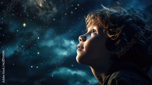 A child's astonishing moment as he gazes at the universe on a moonlit night