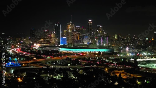 Wallpaper Mural Aerial Backward Shot Of Illuminated Towers In City Against Sky At Night - Los Angeles, California Torontodigital.ca