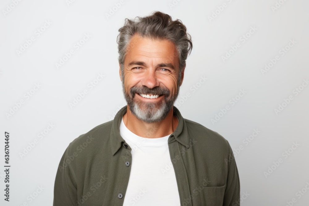 Medium shot portrait of a Russian man in his 40s in a white background wearing a chic cardigan Medium shot portrait of a Russian man in his 40s in a white background wearing a chic cardigan