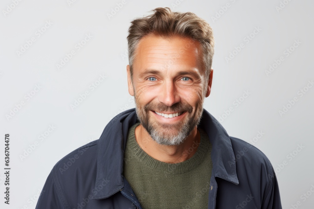 Medium shot portrait of a Russian man in his 40s in a white background wearing a chic cardigan Medium shot portrait of a Russian man in his 40s in a white background wearing a chic cardigan