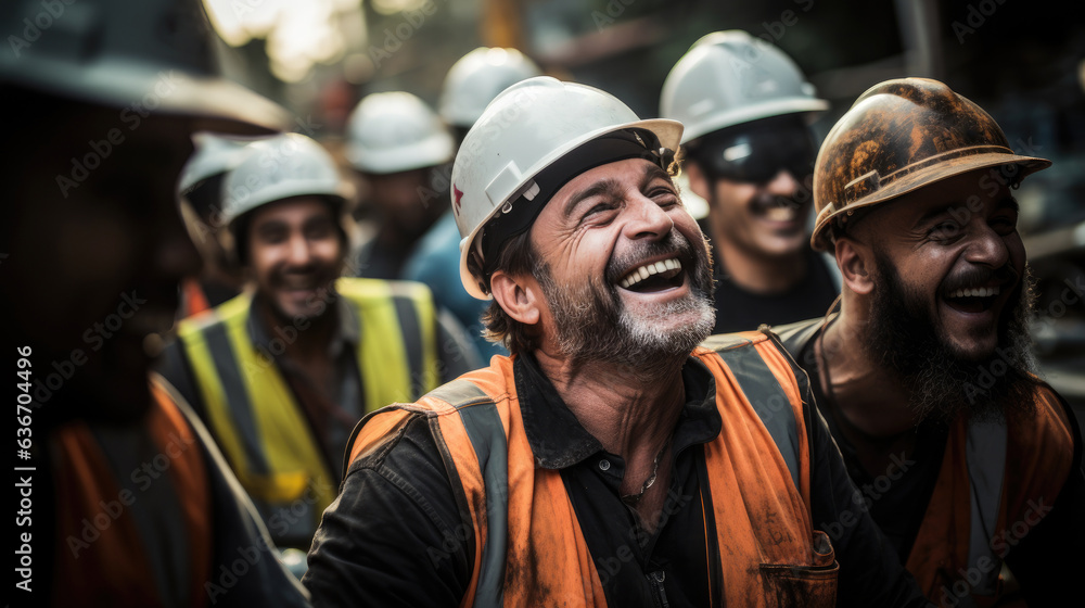 Memoir about a team of construction workers, their smiles and friendship at the construction site. - obrazy, fototapety, plakaty 