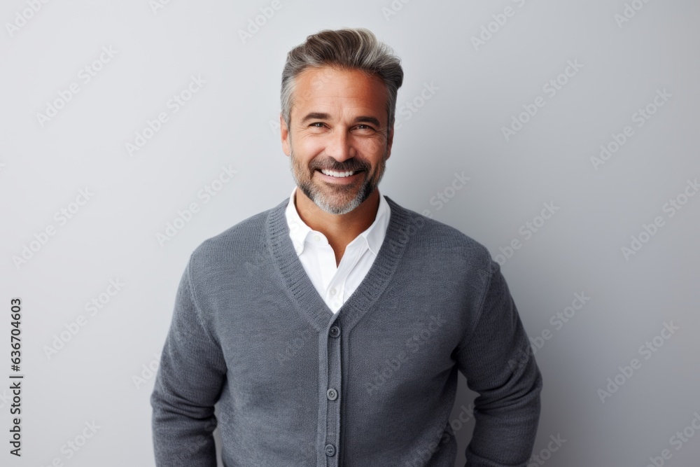 Handsome middle-aged man smiling and looking at camera while standing against grey background Handsome middle-aged man smiling and looking at camera while standing against grey background