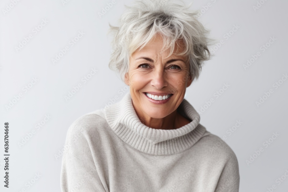 Portrait of a smiling mature woman with short white hair wearing sweater Portrait of a smiling mature woman with short white hair wearing sweater