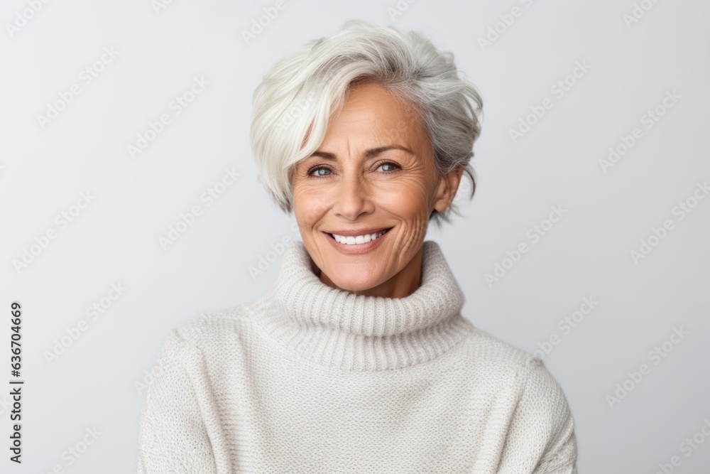 Portrait of a smiling senior woman in sweater looking away over white background Portrait of a smiling senior woman in sweater looking away over white background