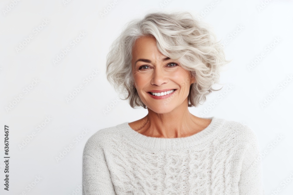 Close up portrait of a happy mature woman smiling at camera isolated over white background