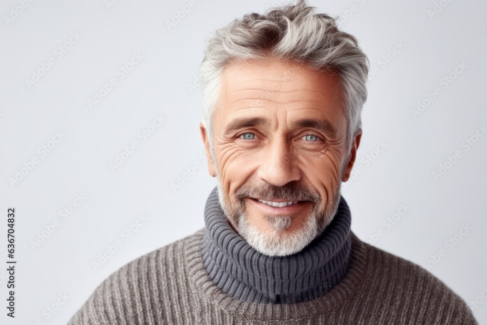 Medium shot portrait of a Russian man in his 50s in a white background wearing a chic cardigan Medium shot portrait of a Russian man in his 50s in a white background wearing a chic cardigan