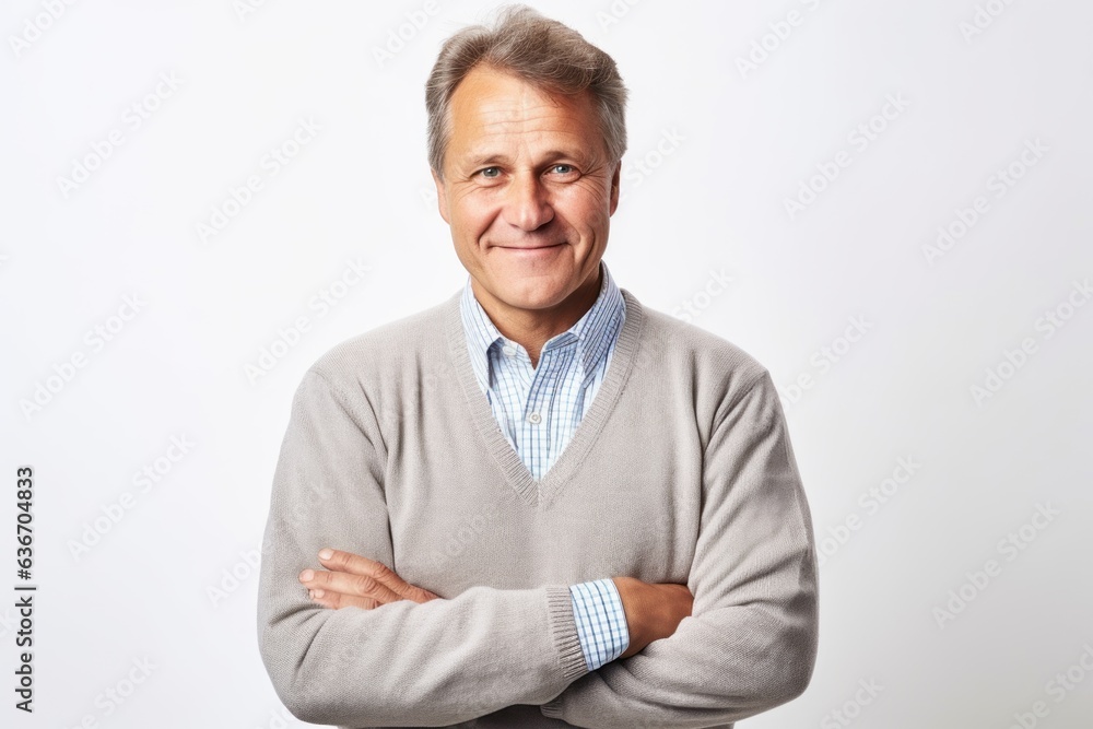Medium shot portrait of a Russian man in his 50s in a white background wearing a chic cardigan Medium shot portrait of a Russian man in his 50s in a white background wearing a chic cardigan