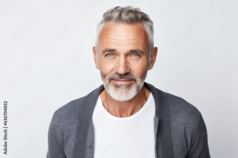 Medium shot portrait of a Russian man in his 50s in a white background wearing a chic cardigan Medium shot portrait of a Russian man in his 50s in a white background wearing a chic cardigan
