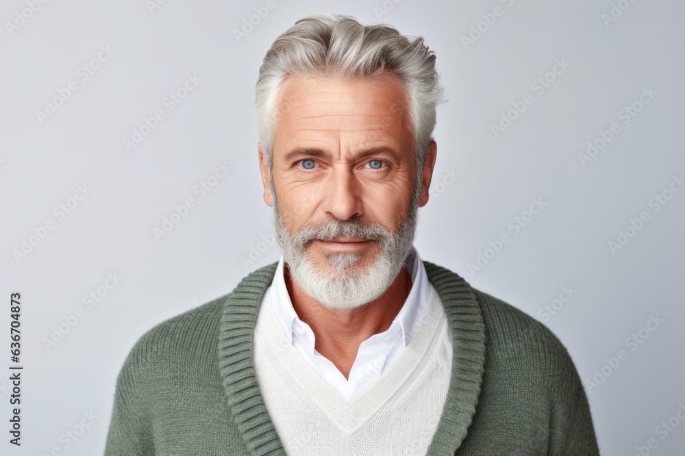 Medium shot portrait of a Russian man in his 50s in a white background wearing a chic cardigan Medium shot portrait of a Russian man in his 50s in a white background wearing a chic cardigan