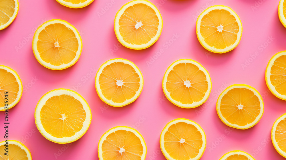 Uniform pattern of dried lemon slices with shadow on pink and orange background 