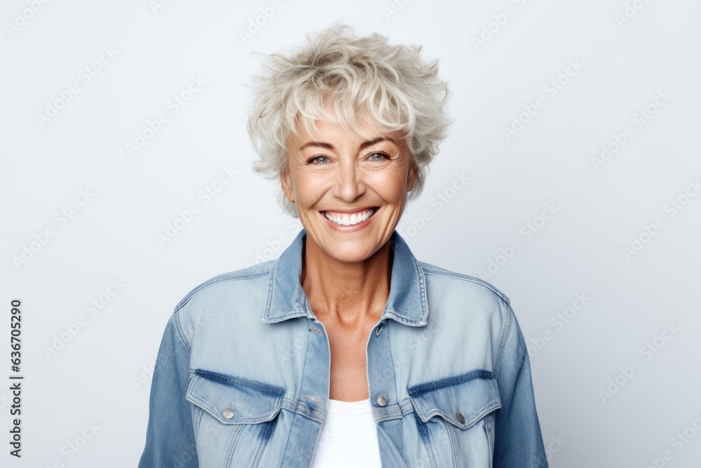 Medium shot portrait of a Russian woman in her 60s in a white background wearing a denim jacket Medium shot portrait of a Russian woman in her 60s in a white background wearing a denim jacket