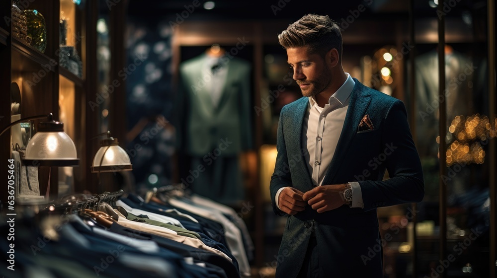 A stylish man is shopping in a modern clothing store.