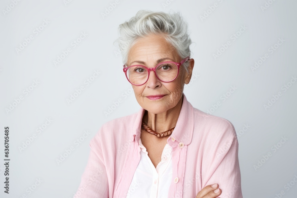 Portrait of smiling senior woman in eyeglasses against white background