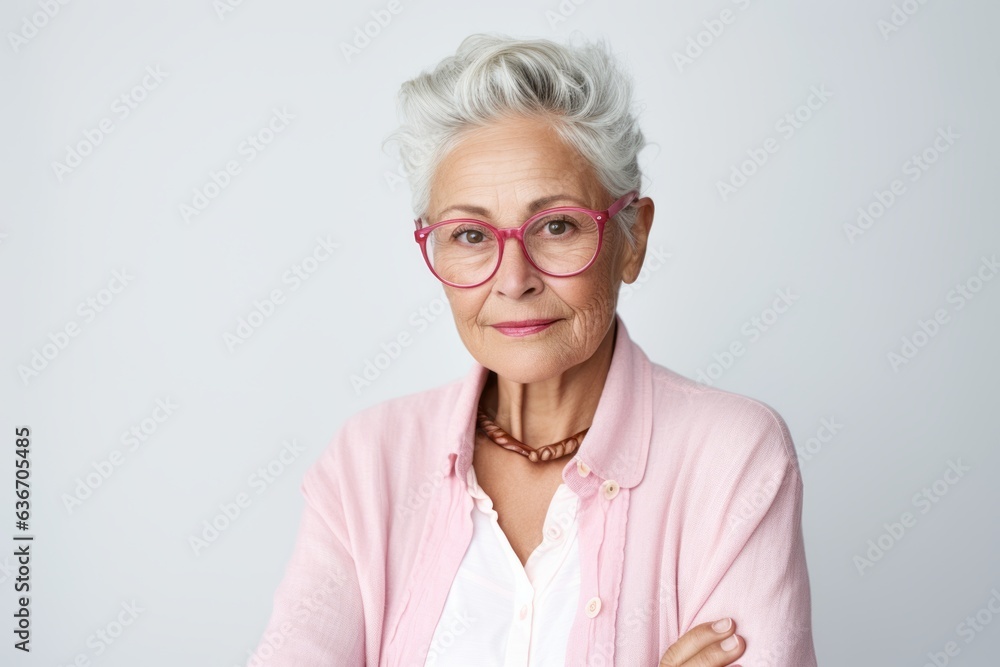 Portrait of smiling senior woman in eyeglasses against white background Portrait of smiling senior woman in eyeglasses against white background